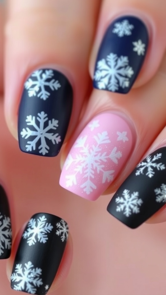 Close-up of festive Christmas nail art with snowflake designs in various colors.
